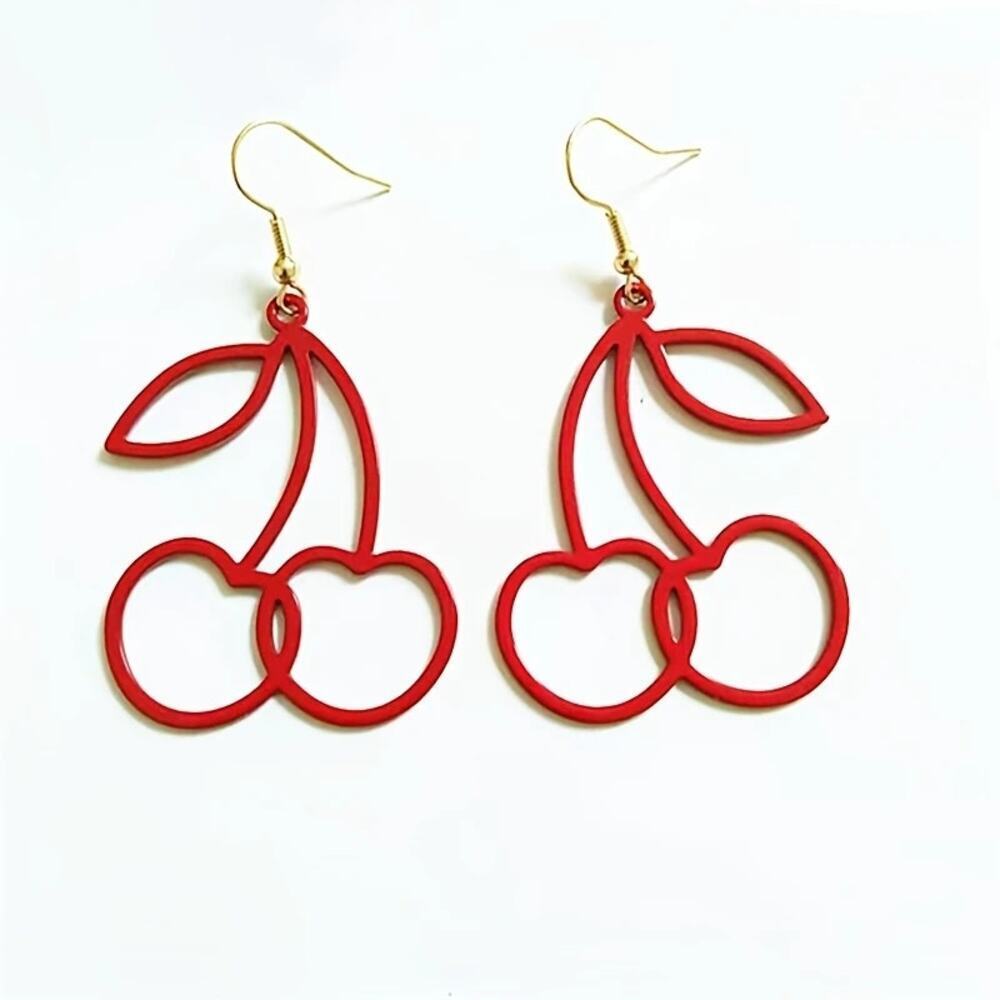 NEW Long Cherry Drop Earrings, Cute Red Fruit Dangle Earrings, Cherry Bomb - Picture 4 of 4